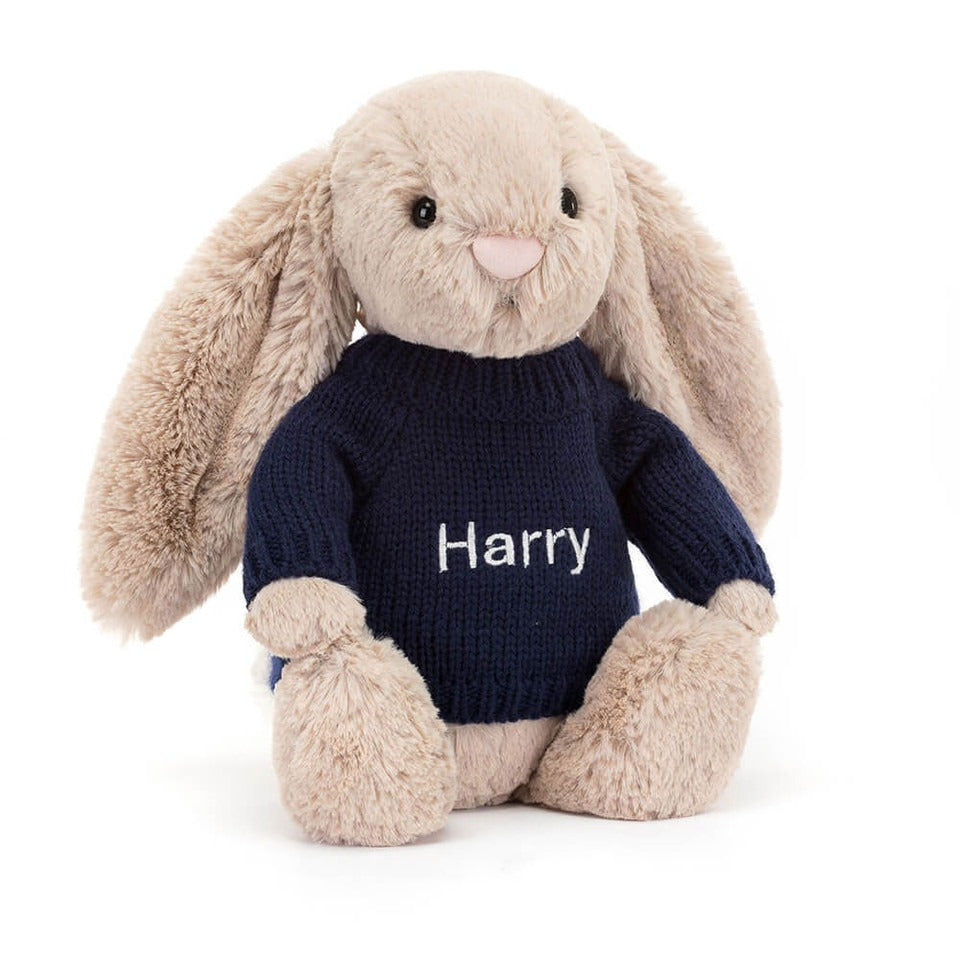 Bashful Patchwork Brown Bunny with Personalized Navy Jumper