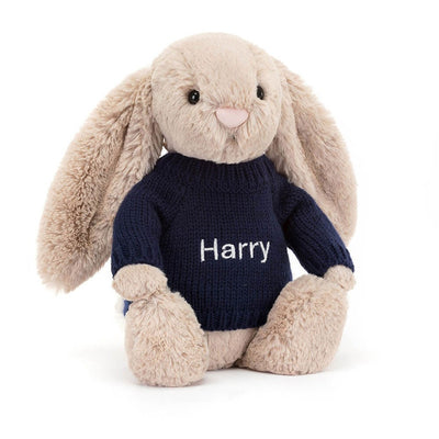 Bashful Patchwork Brown Bunny with Personalized Navy Jumper